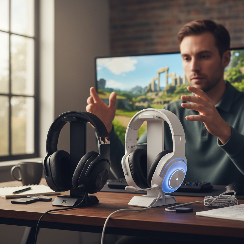 A gamer making a choice between two headsets on a desk