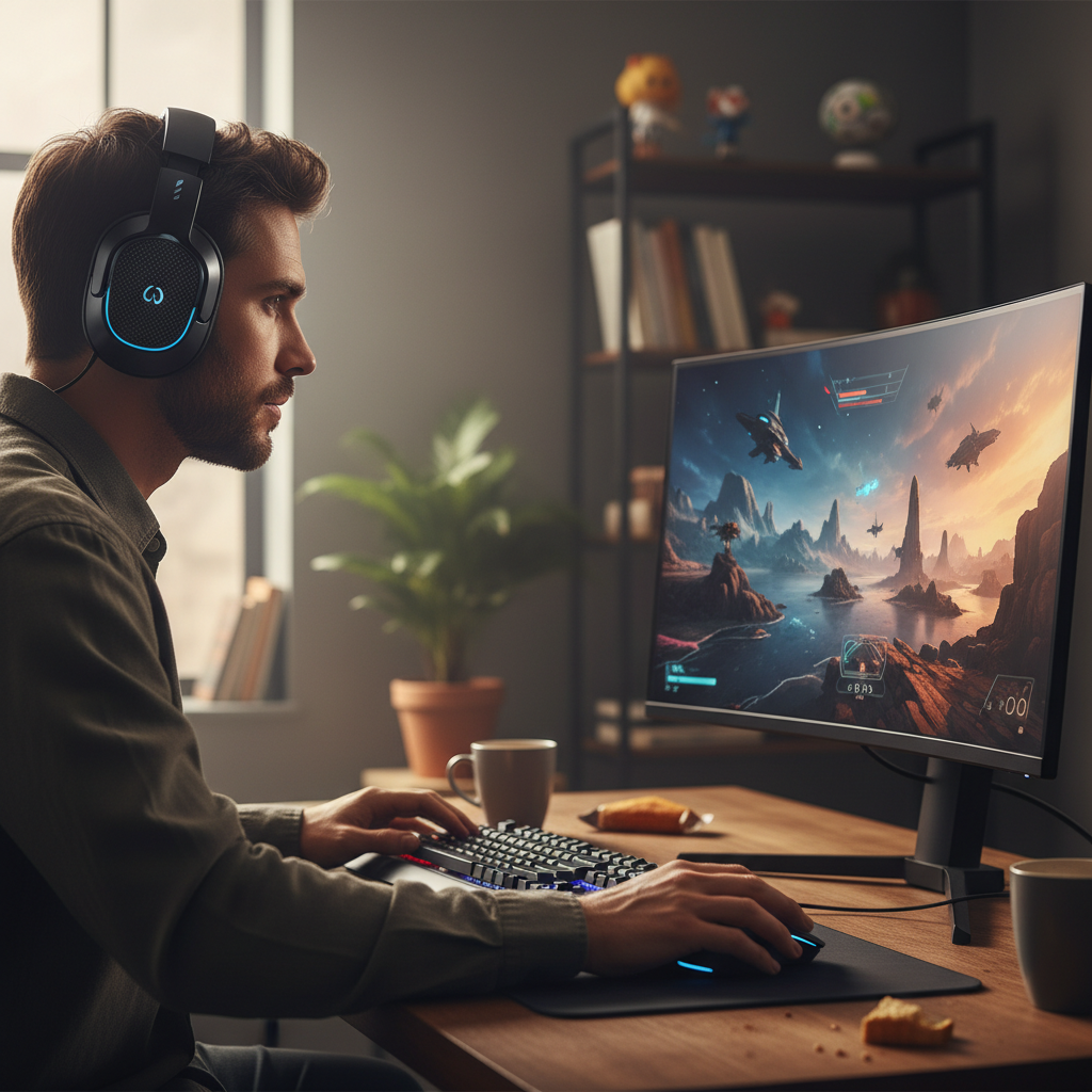 A gamer wearing a headset, focused on a PC screen