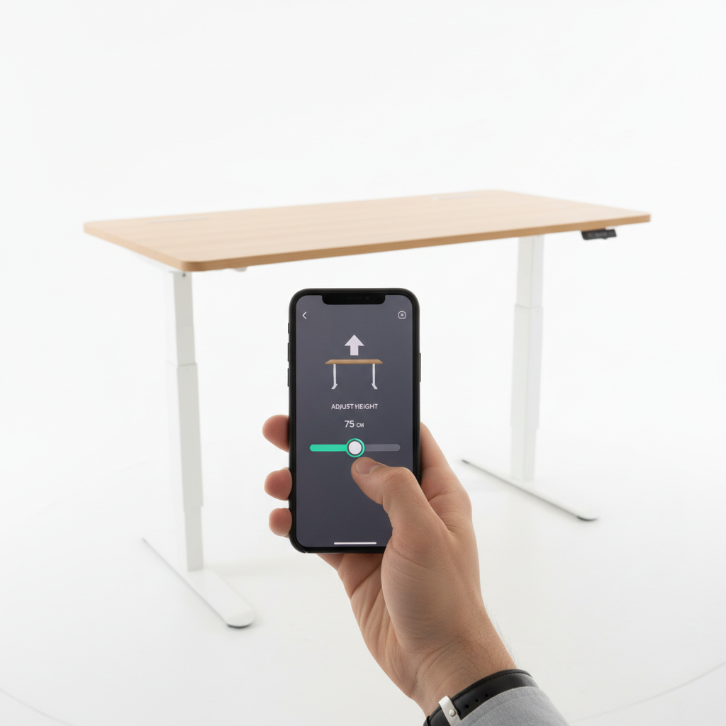 a person adjusting the height of a standing desk via a smartphone app