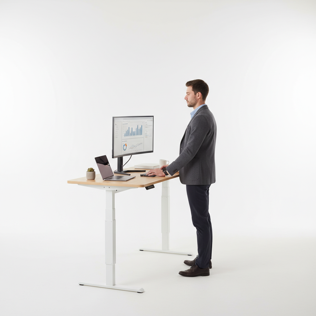 a person standing at a standing desk, looking productive, with good posture