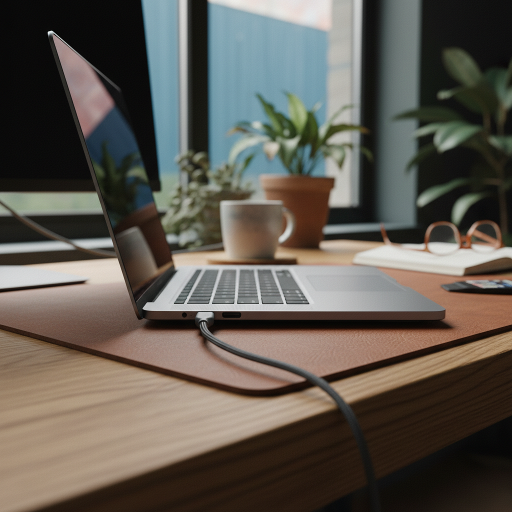 A side view of the MacBook Pro M4, showcasing its various ports (Thunderbolt, HDMI, SD card slot)