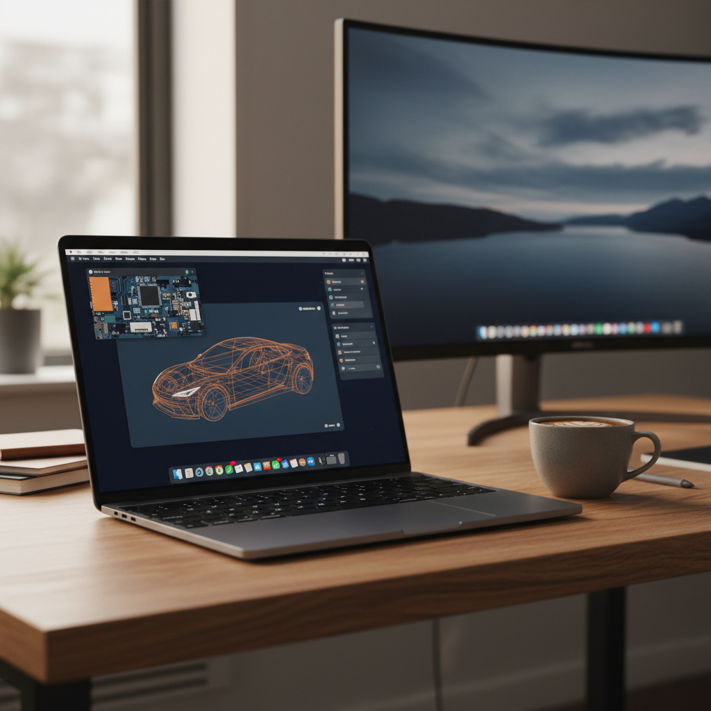 A sleek MacBook Pro M4 open on a desk, displaying complex design software, with a coffee cup and ext