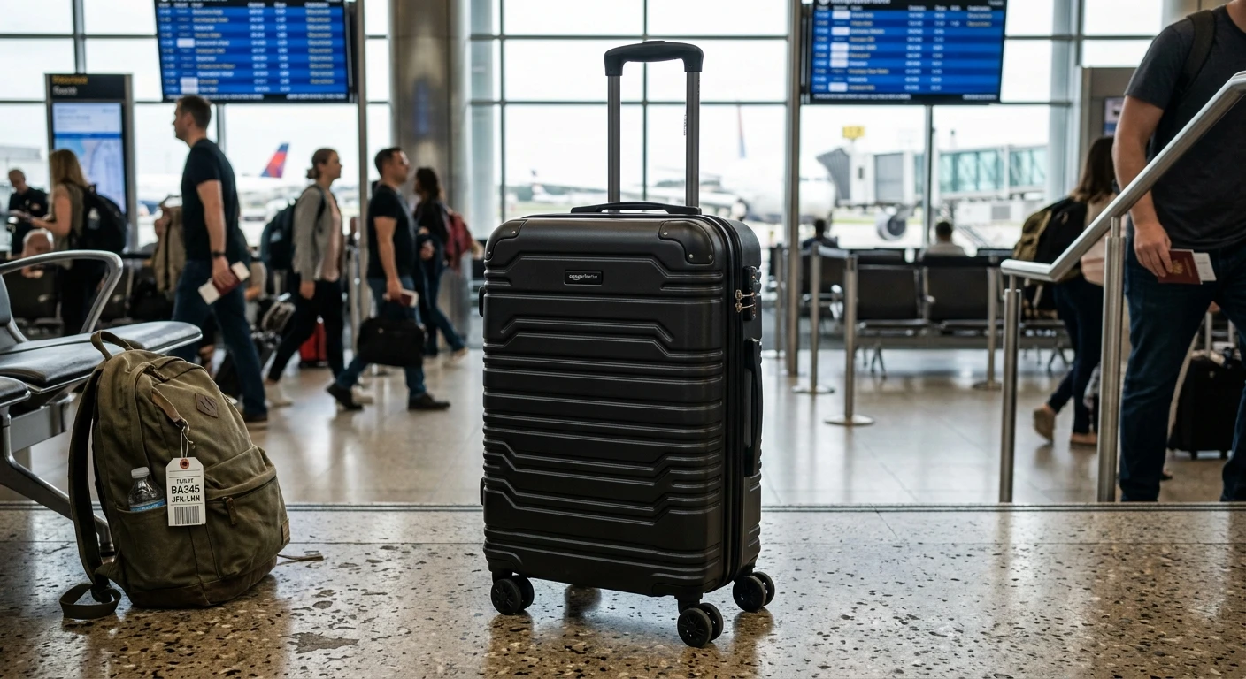 Amazon Basics Hardside Spinner suitcase on a budget travel backdrop