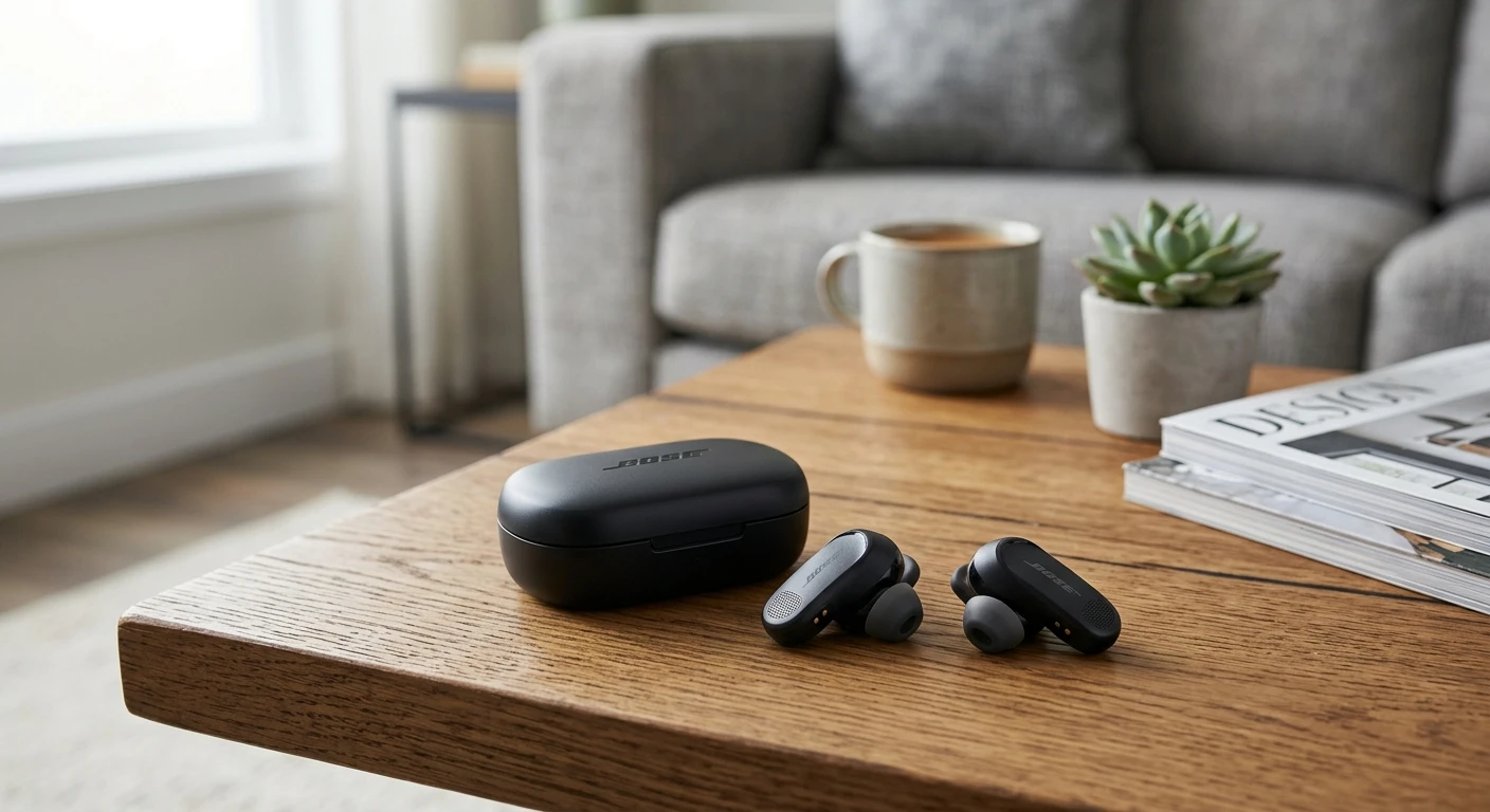 Bose QuietComfort Earbuds II with charging case on a coffee table