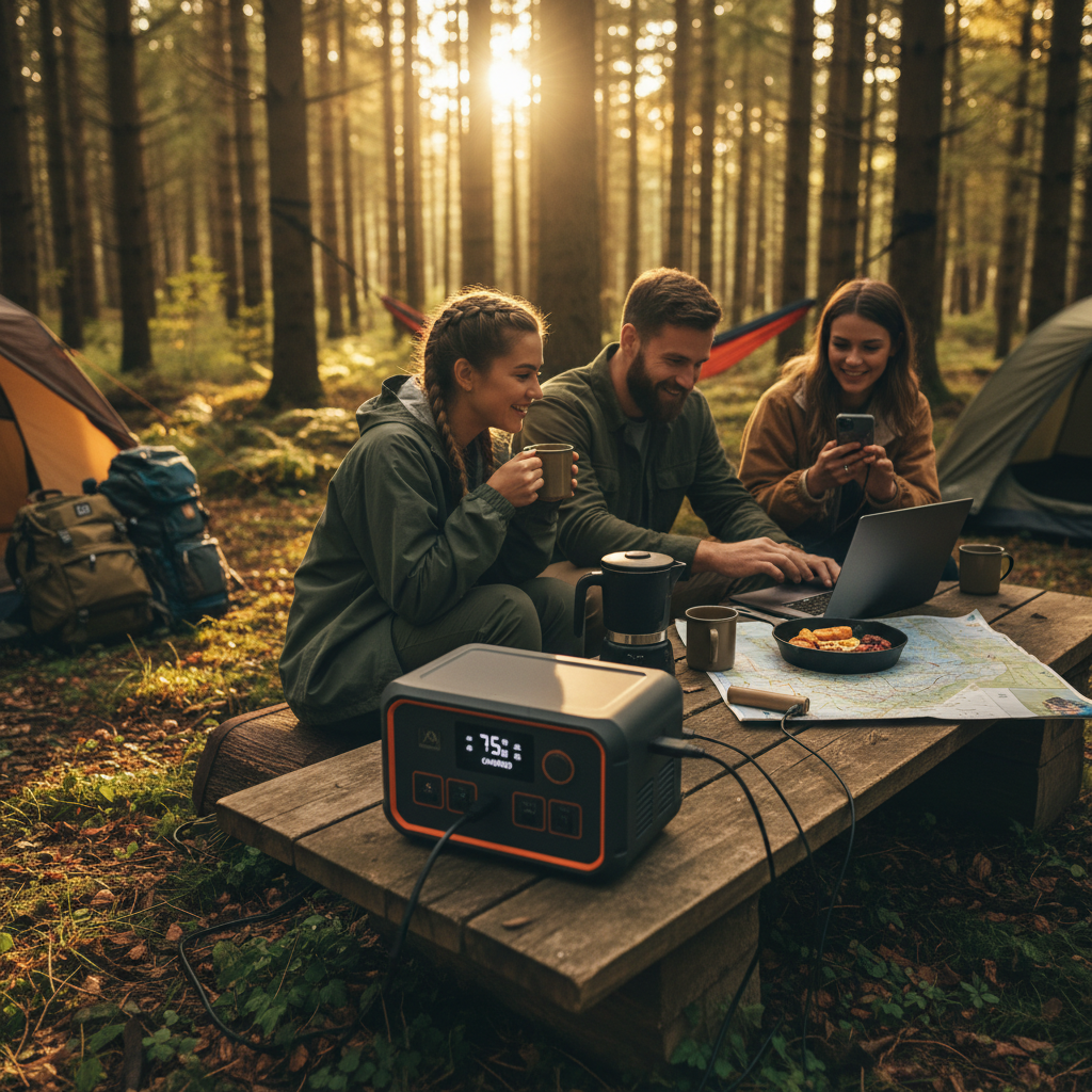 Campers using portable power stations in a forest setting