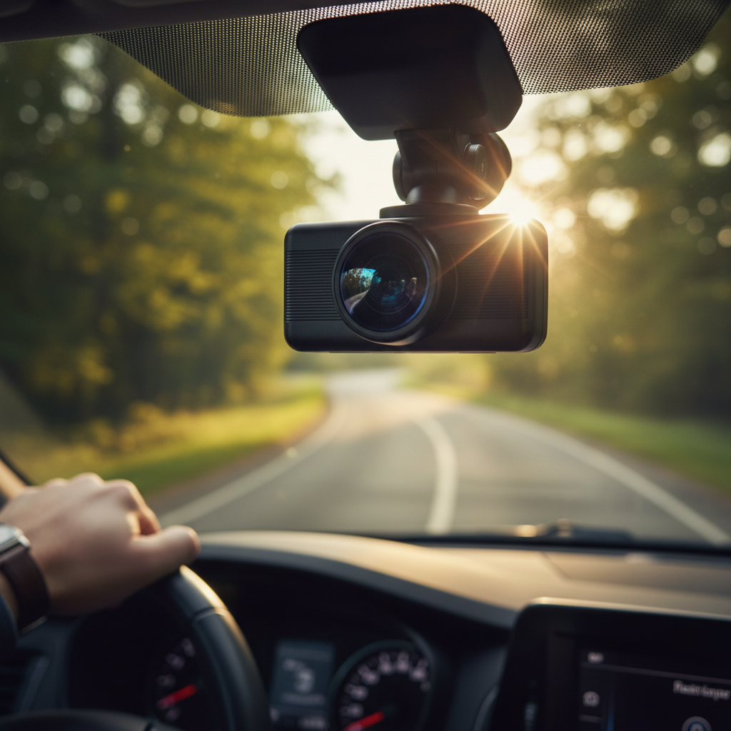 close-up of a dash cam lens with a faint light reflection