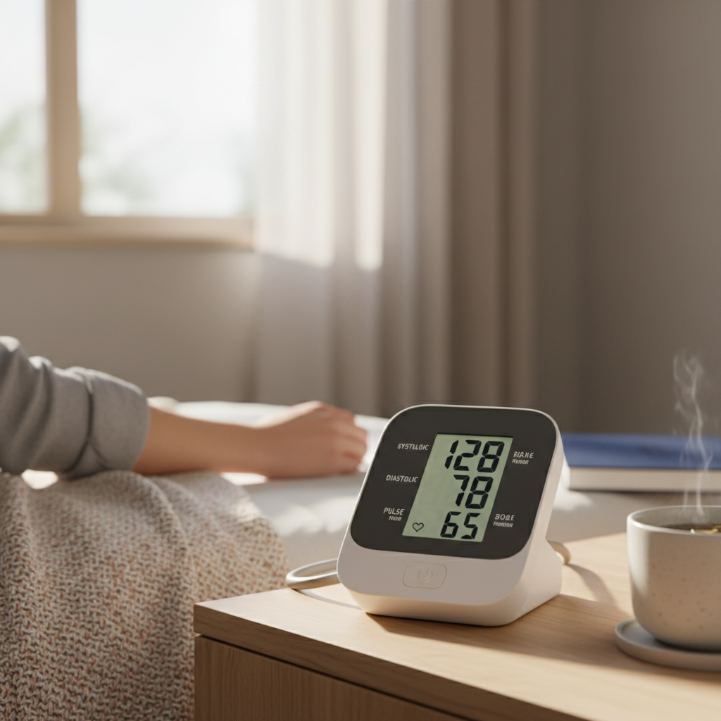 close-up of a digital blood pressure monitor display showing numbers