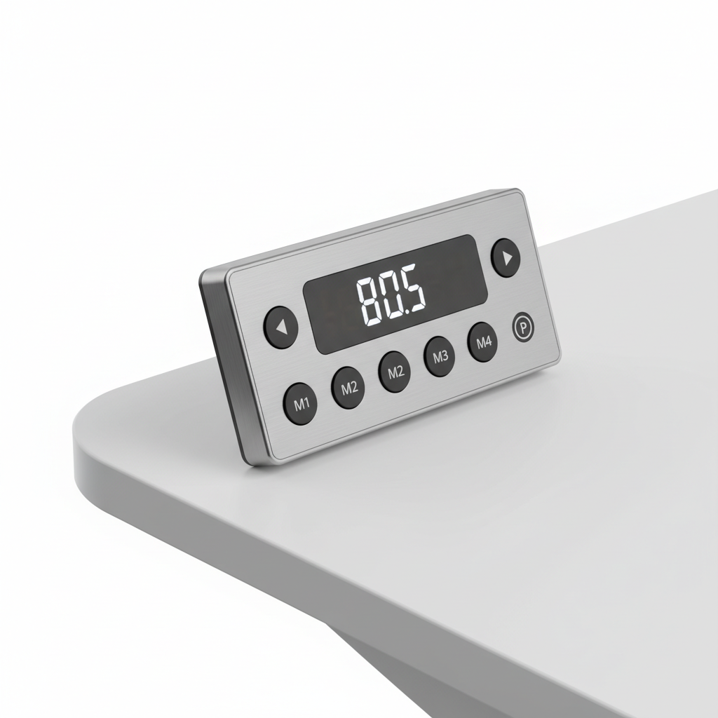 close-up of a standing desk control panel with height presets and a digital display