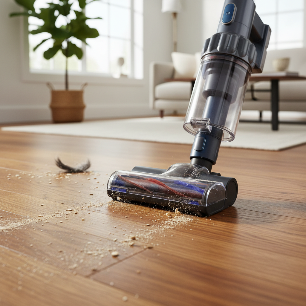 close-up of vacuum cleaner picking up dirt