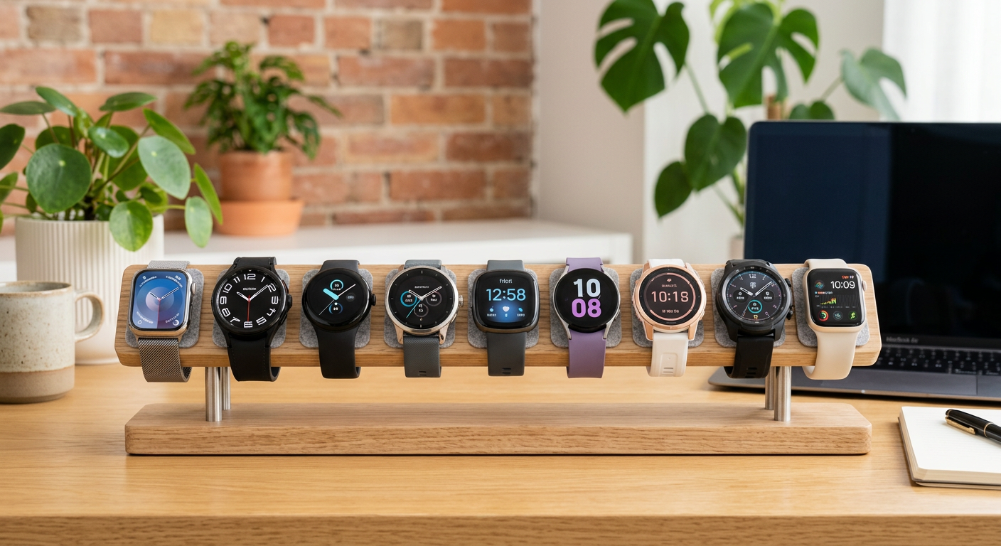 Collection of all reviewed smartwatches on a tech display