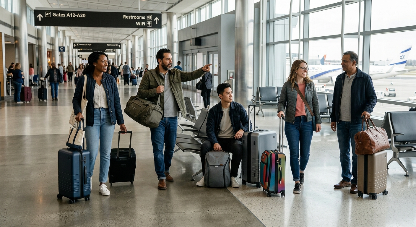 Group of diverse travelers with various styles of luggage at an airport terminal