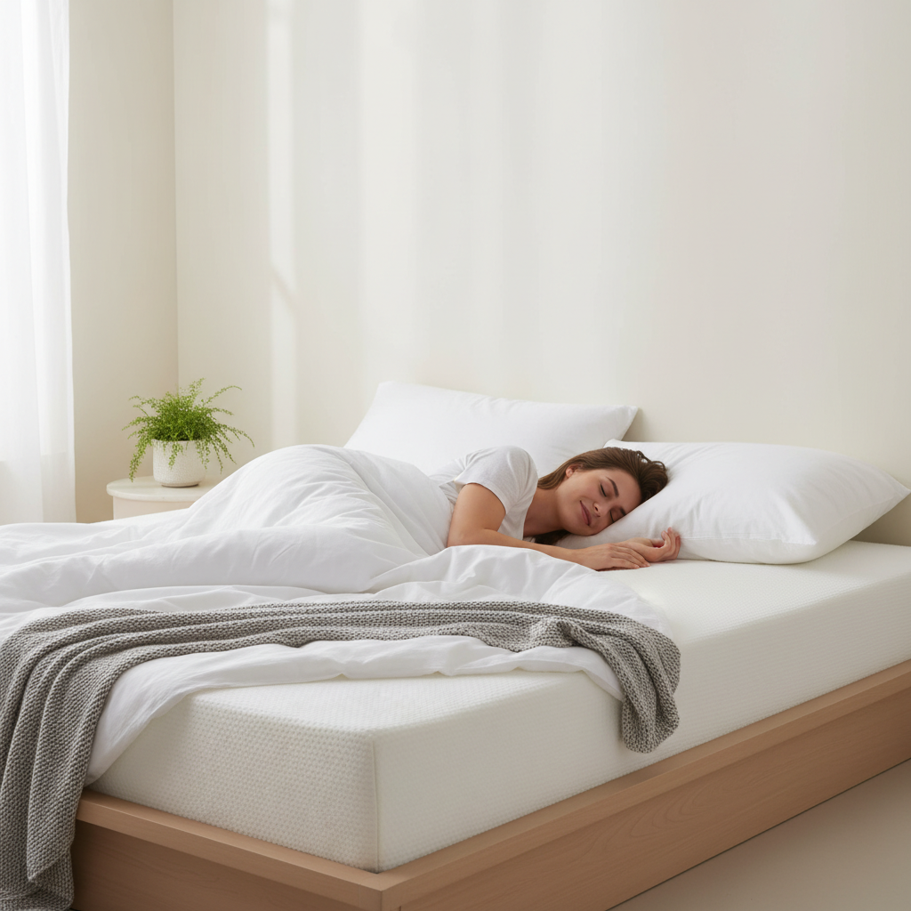 Person sleeping peacefully on a comfortable mattress in a minimalist bedroom