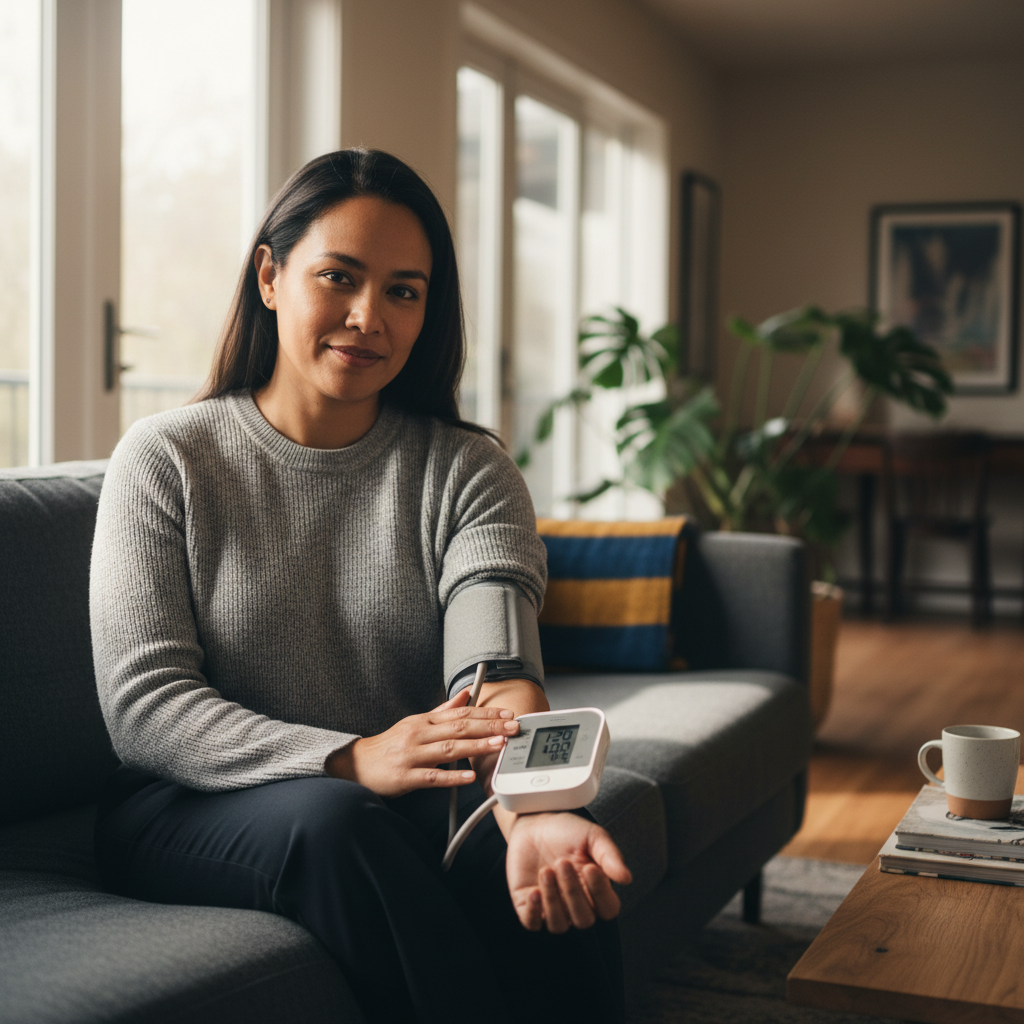 person taking blood pressure with a home monitor