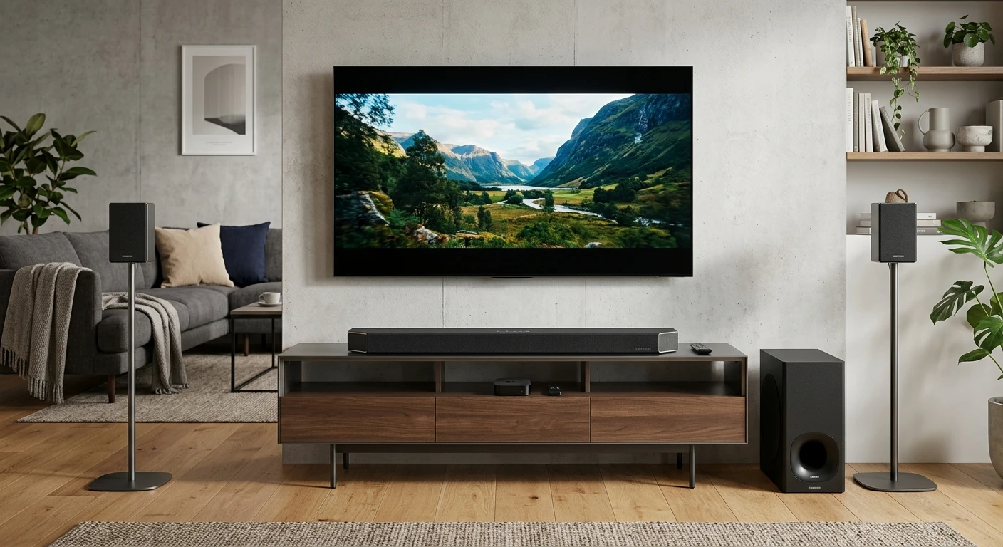 Samsung HW-Q990C soundbar in a modern living room setup with a large TV