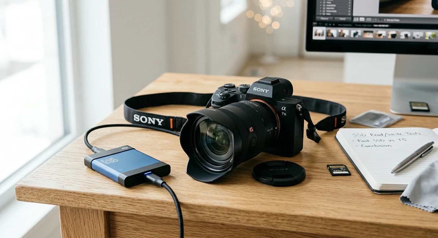 Seagate Fast SSD next to a camera and lens