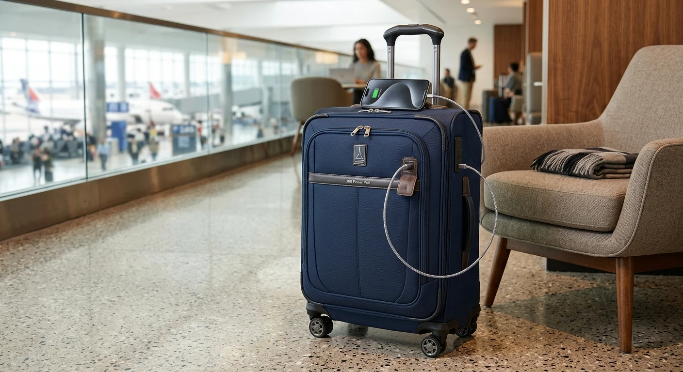 Travelpro Platinum Elite suitcase with charging cable and phone
