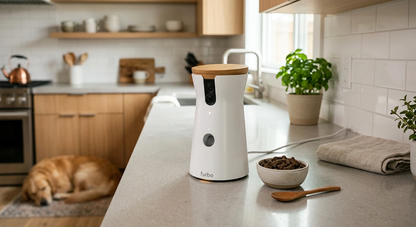 Treat-Tossing Dog Camera on a kitchen counter